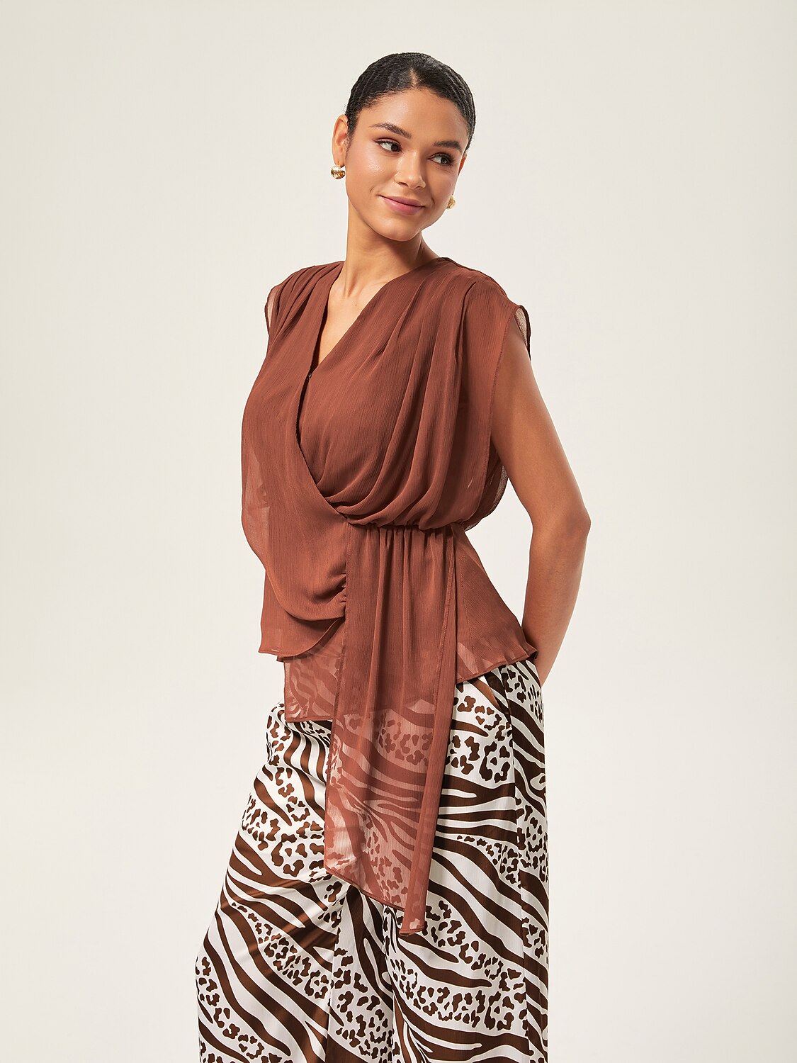 V-Neck Asymmetric Sleeveless Chiffon Top