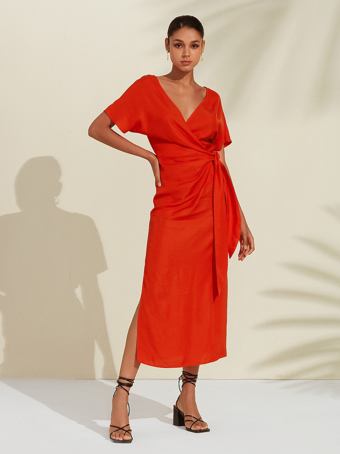 Tencel Linen Orange Red  Shirred Wrap Midi Dress