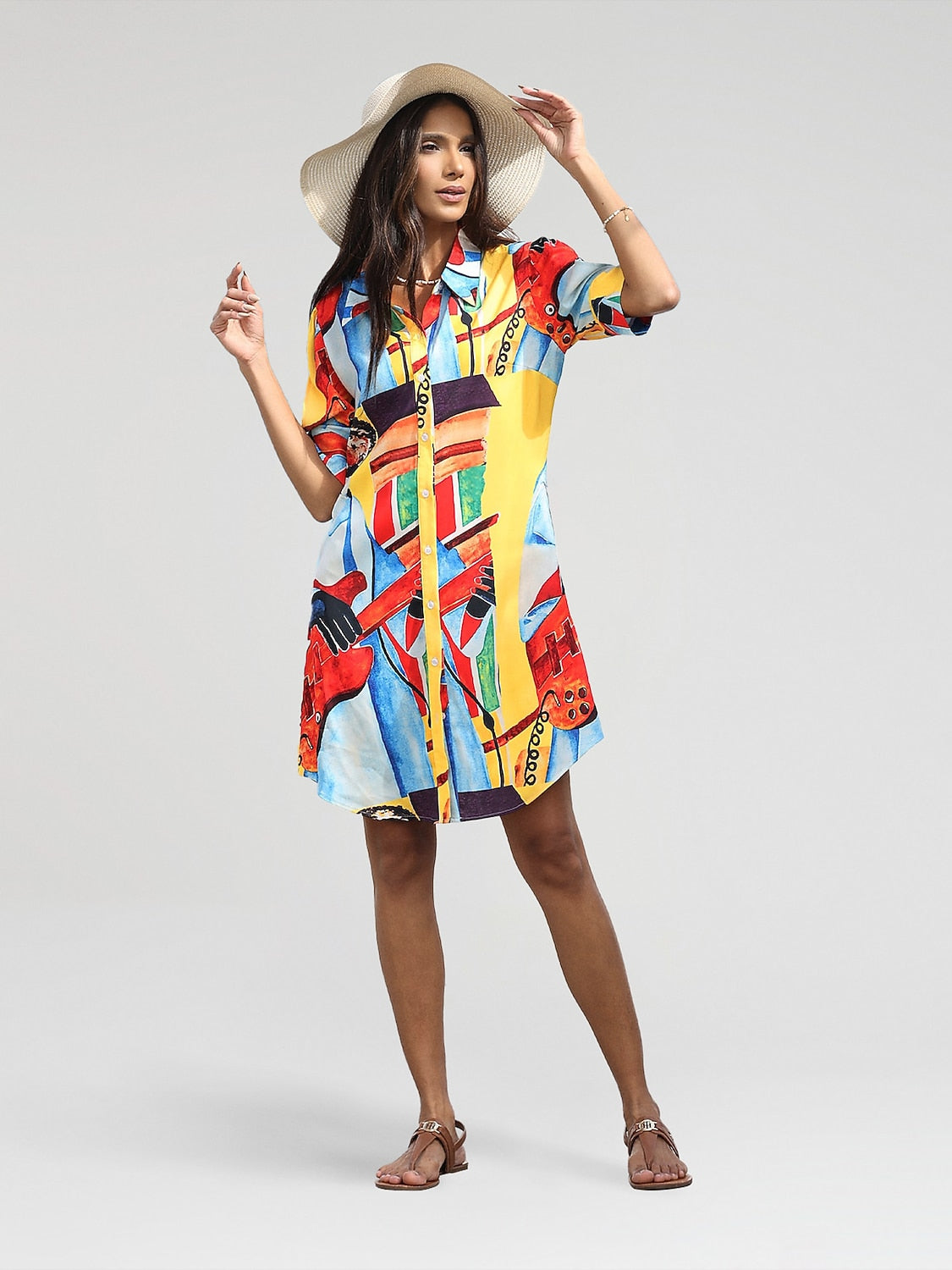 Mini Shirt Dress Satin Artistic Down Straight Fit