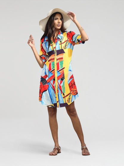 Mini Shirt Dress Satin Artistic Down Straight Fit