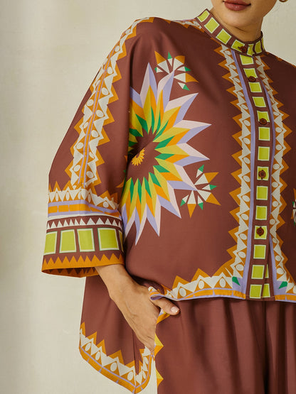 Shirt Brown Bohemian Geometric Graphic Satin Silk