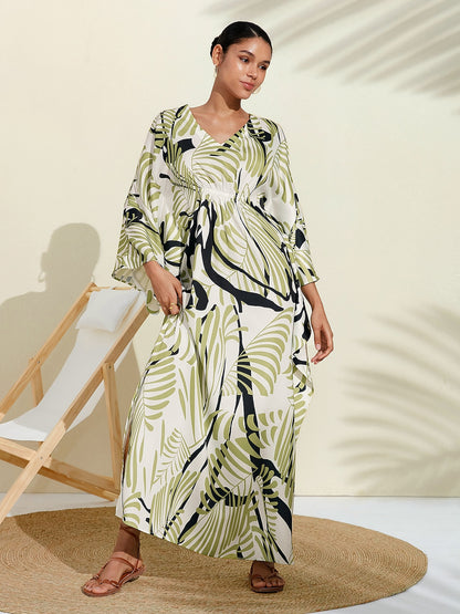 Satin Floral Maxi Dress Kaftan Dress