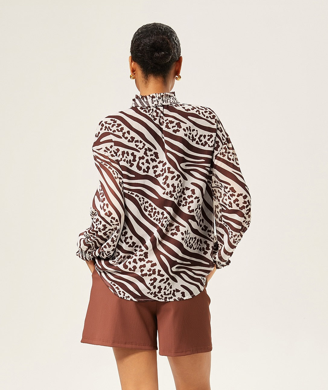 Animal Print Ruched Long Sleeve Pullover