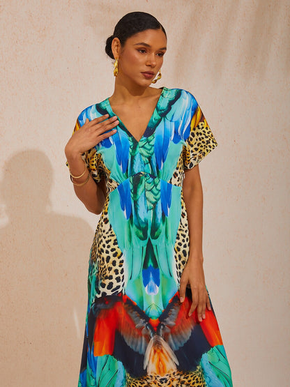 Vacation Jungle Beast Print Fitted Waist Satin Maxi Dress