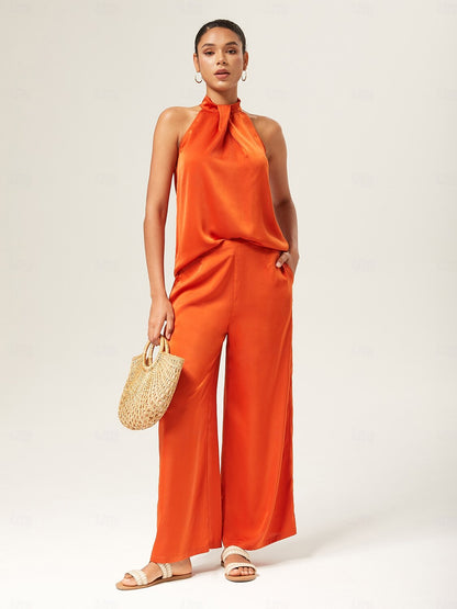 Satin Orange Stand Collar Wide Leg Pants Set