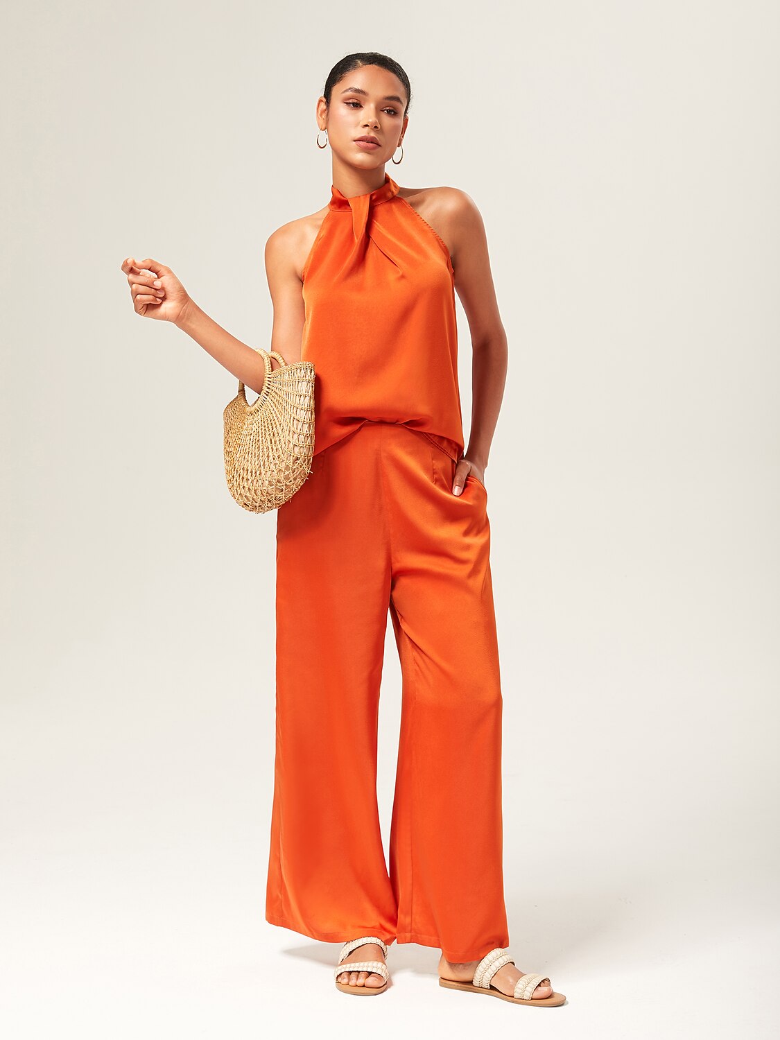Satin Orange Stand Collar Wide Leg Pants Set
