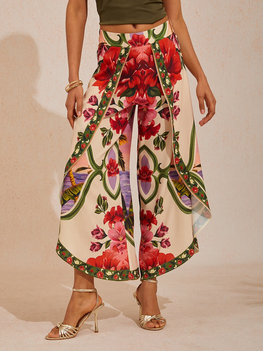 Vacation Placement Floral Crisscross Satin Wide leg Pants