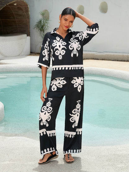 Pants Black Floral Print Straight Leg Satin