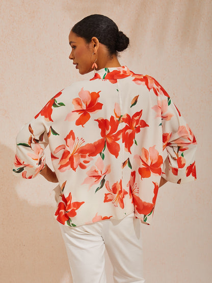 Vacation Pink Floral Dolman Sleeve Chiffon Shirt