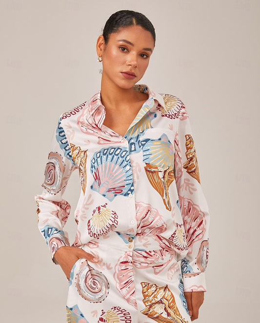 Shell Print Button Down Relaxed Long Sleeve Shirt