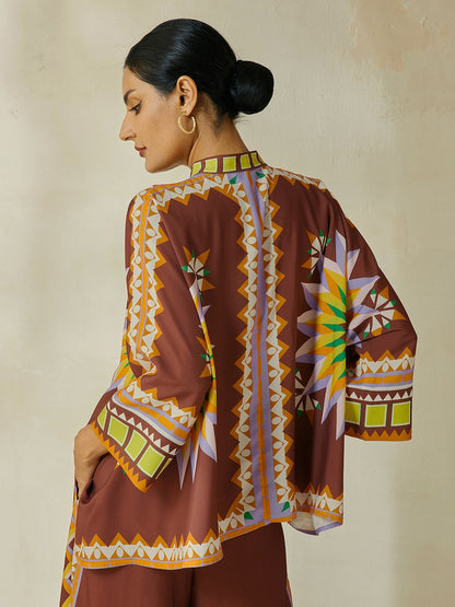 Shirt Brown Bohemian Geometric Graphic Satin Silk