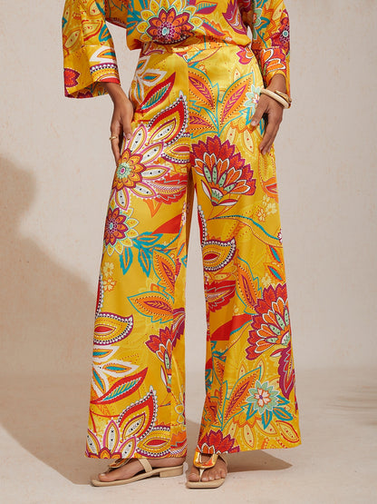 Vacation Yellow Paisley Floral Straight Satin Pants