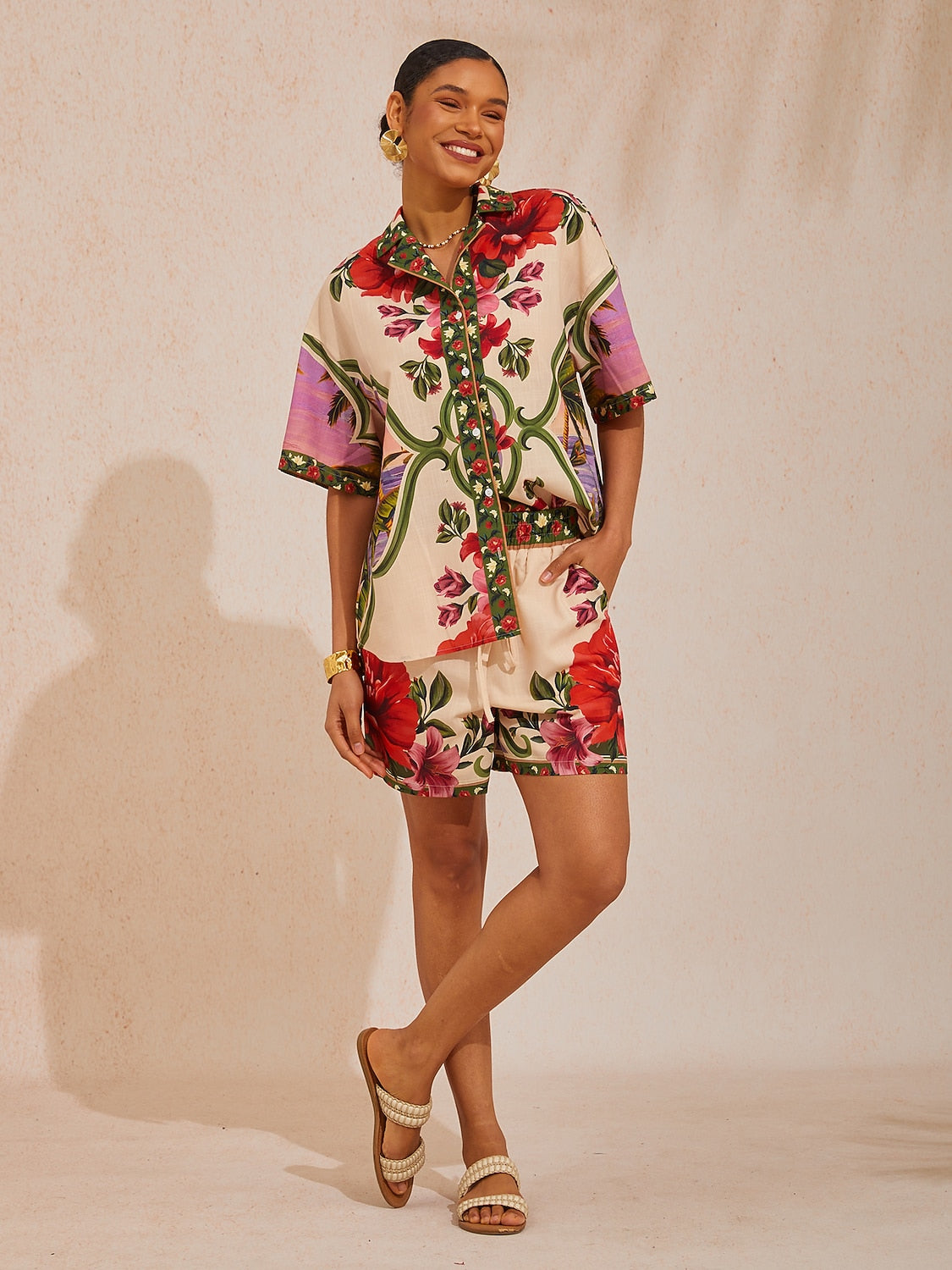 Vacation Placement Floral Turn-down Collar Linen-like Short Sleeve Shirt