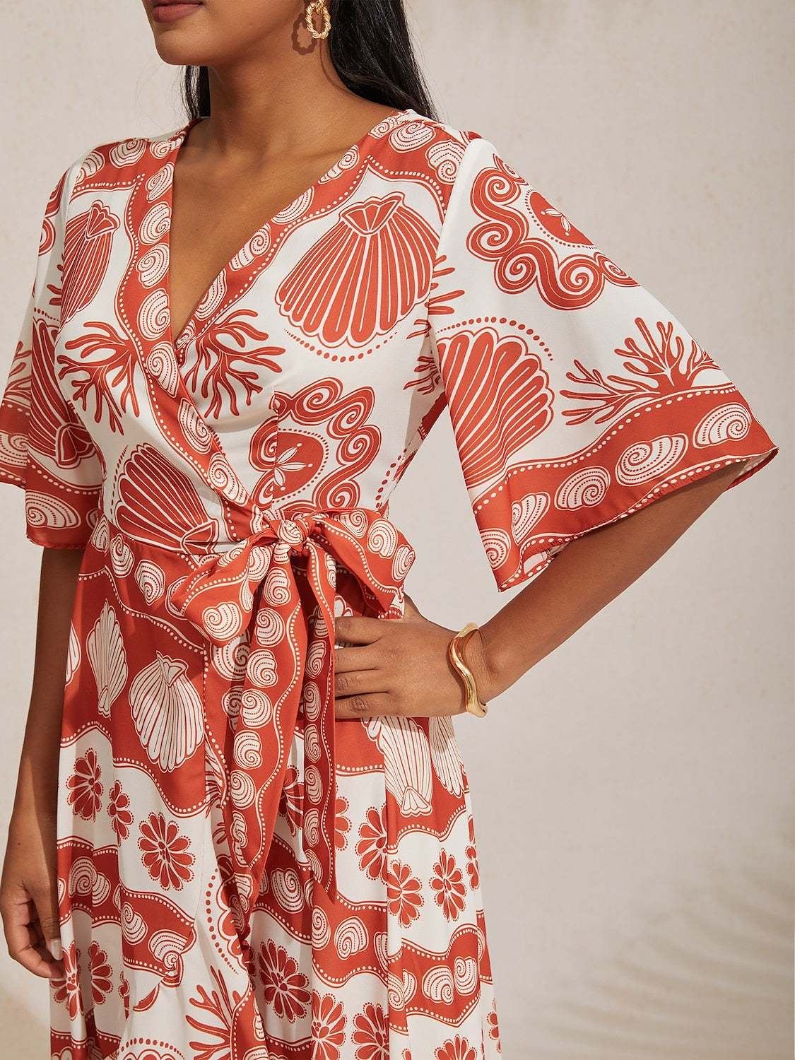 Ocean Elements Print Vacation Style Satin V-Neck Dress