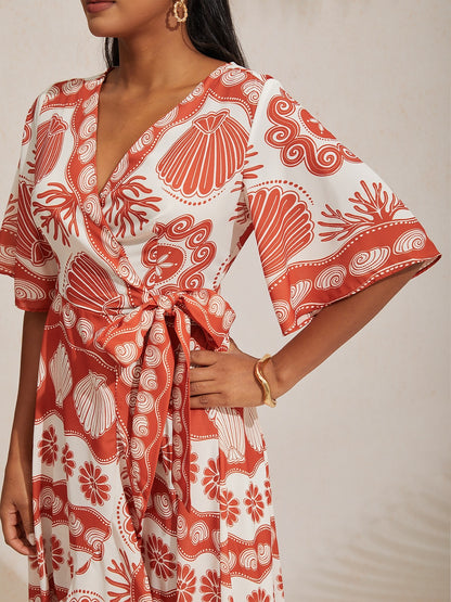 Ocean Elements Print Vacation Style Satin V-Neck Dress