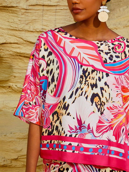 Summer Night Palm Silky Satin Dolman Sleeve Top