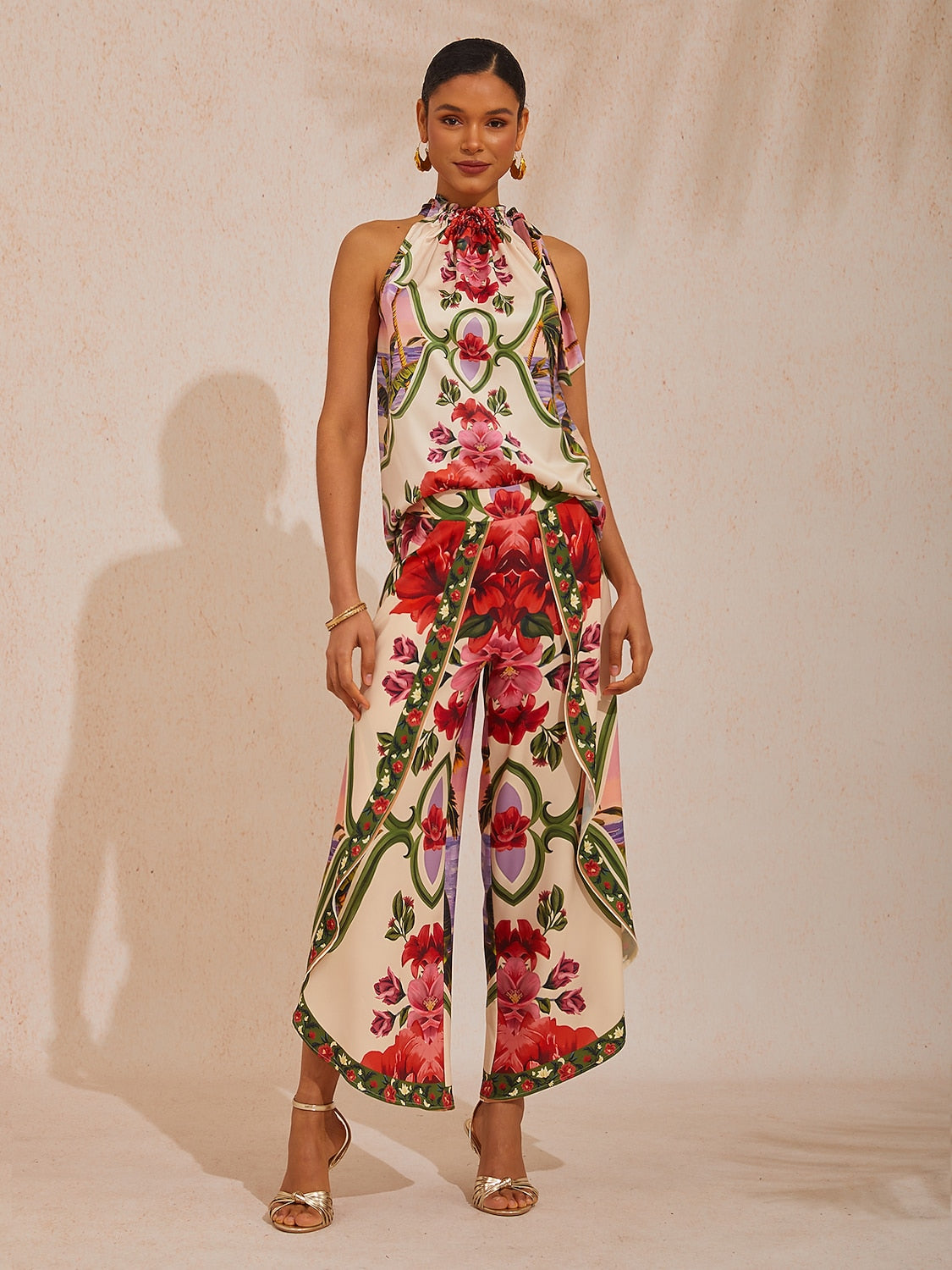 Vacation Placement Floral Stand Collar Shirred Satin Top