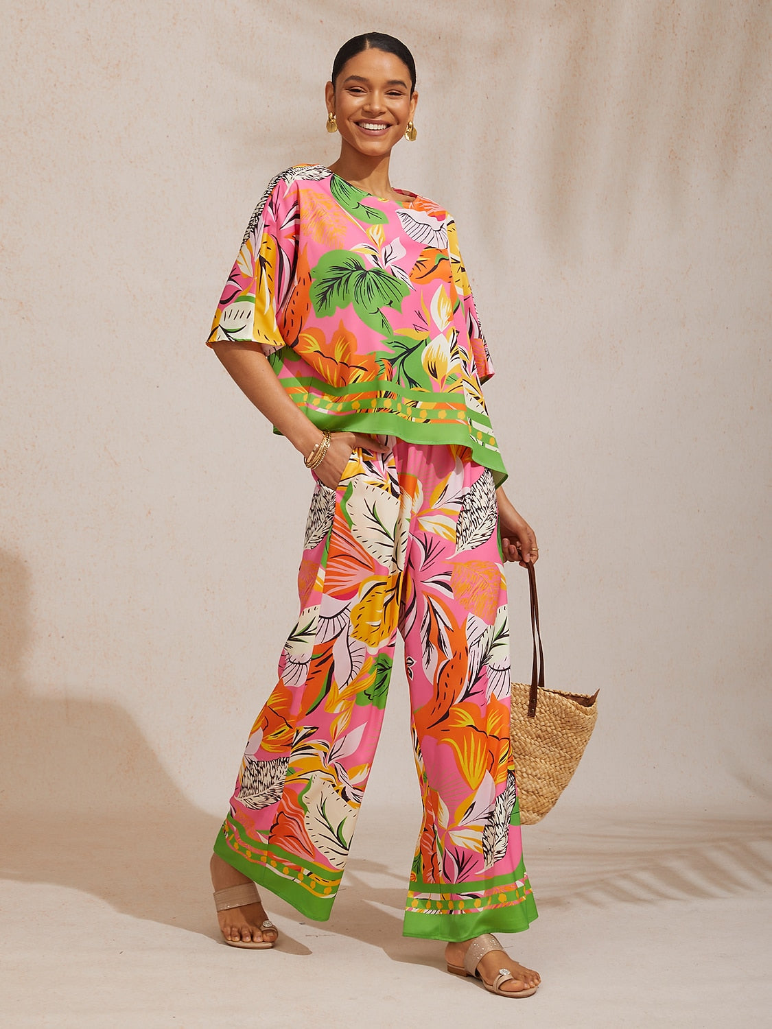 Summer Night Palm Silky Satin Dolman Sleeve Top