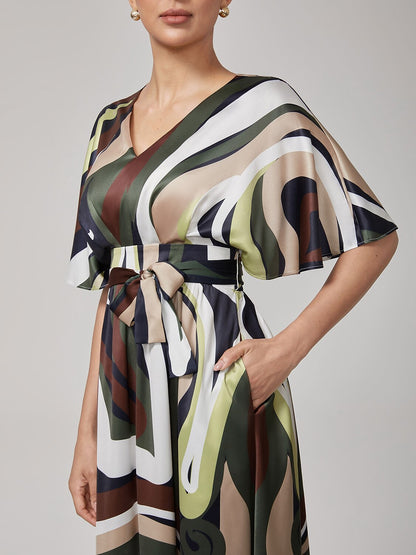 Camouflage Satin V-Neck Cinched Dress