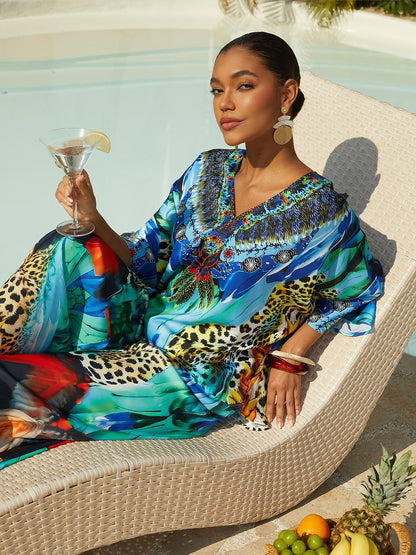 Vacation Feather Leopard Motif Dolman Sleeve Fit Satin Top