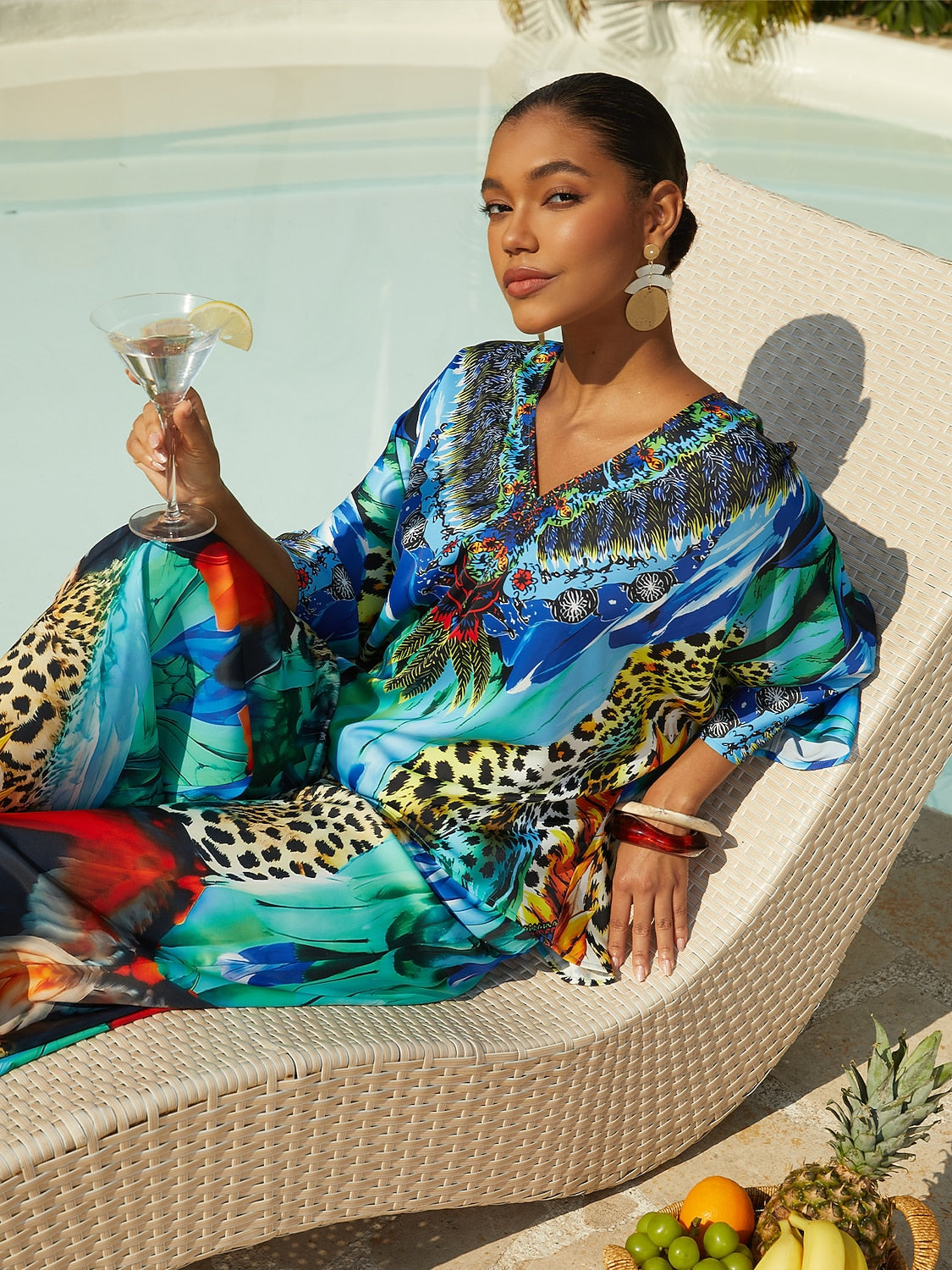 Vacation Leopard Feather Print Straight Fit Satin Long Pants