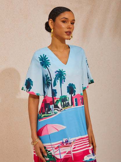 Vacation Print Satin Short Sleeves Mini Dress