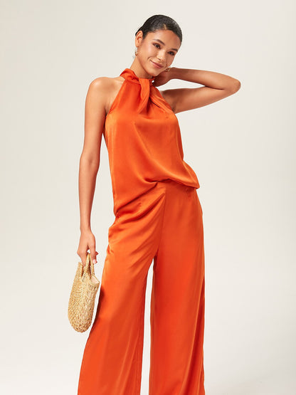 Satin Orange Stand Collar Wide Leg Pants Set