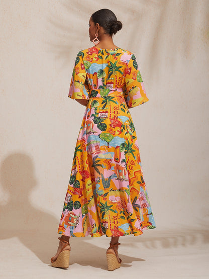 Vacation Beach Print Crisscross Tie Straps Satin Maxi Dress