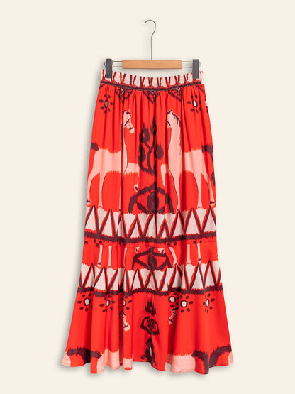 Chiffon Orange Printing Elegant Bohemia Midi Skirt