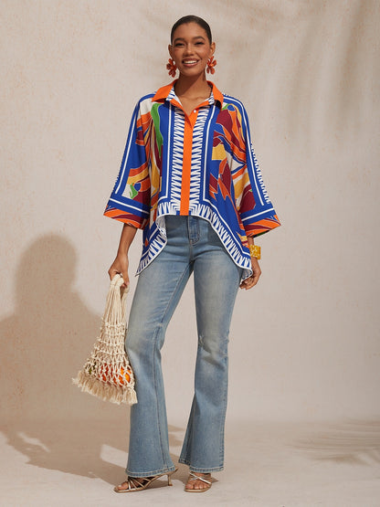 Vacation Geometric Color Block Print Batwing Sleeve Satin Short Shirt