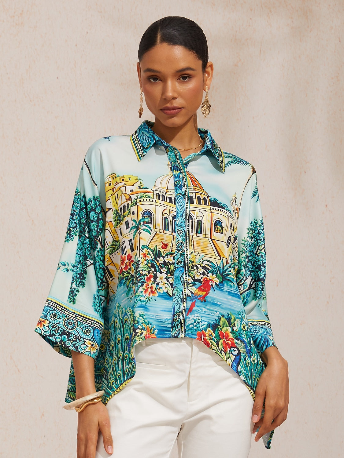 Balearic Islands Blue Silky Satin Dolman Sleeve Top