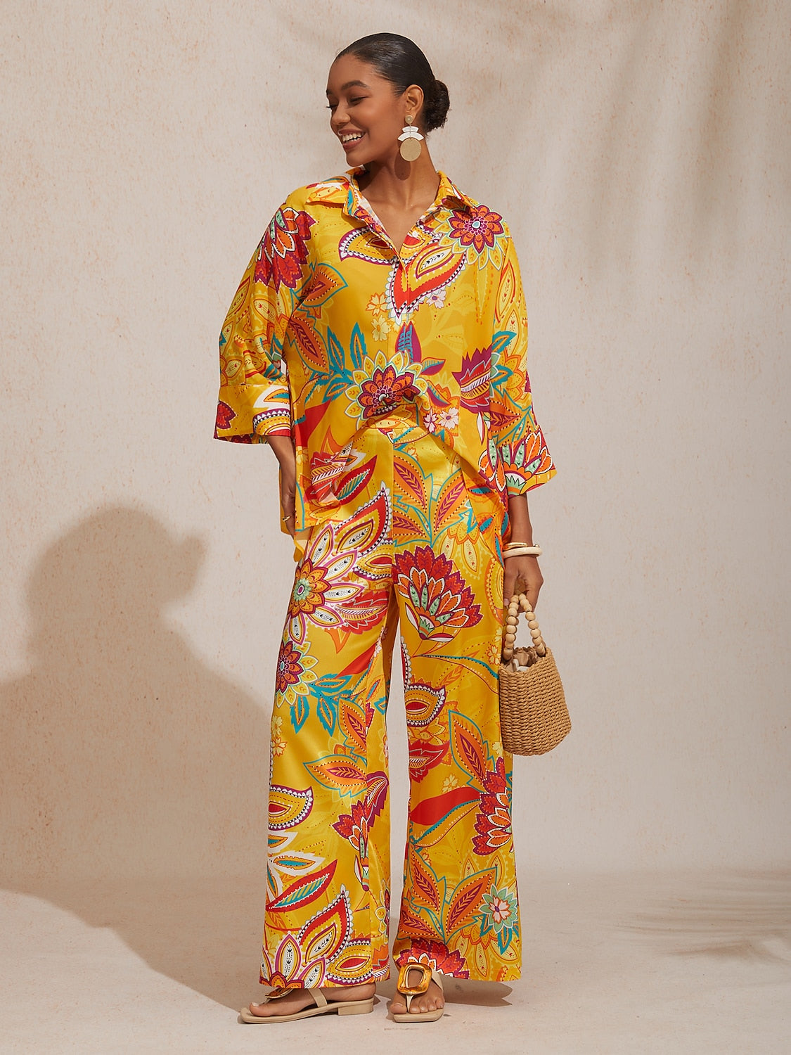 Vacation Yellow Paisley Floral Straight Satin Pants