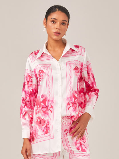 Satin Floral Print Straight-Cut Stand Collar Shirt