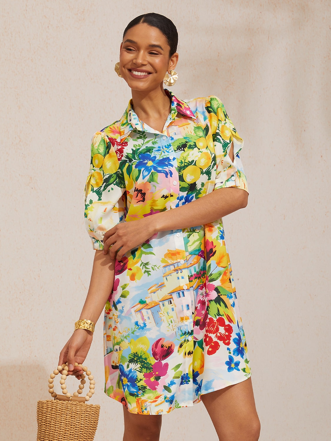 Vacation Scenic Floral Print Straight Satin Shirt Dress