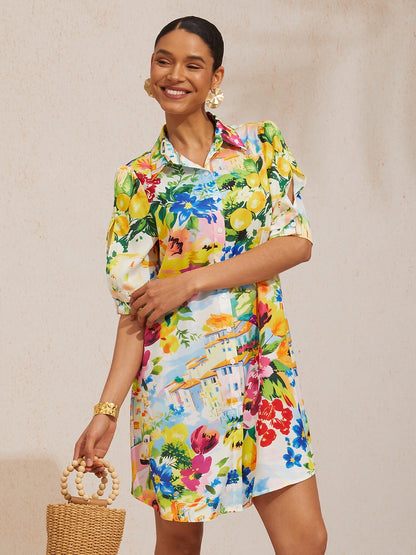 Vacation Scenic Floral Print Straight Satin Shirt Dress