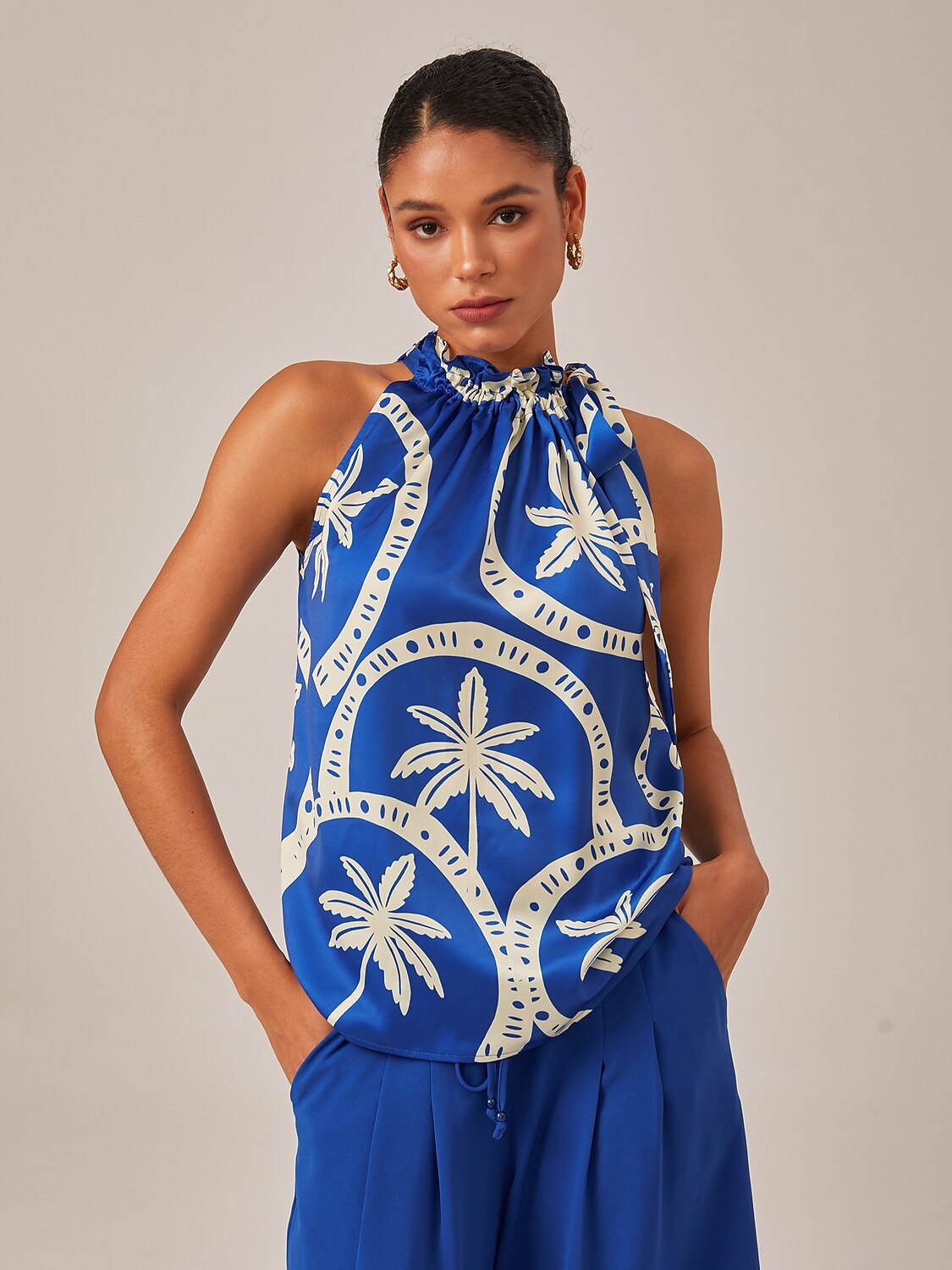 Satin Geometric Print Sleeveless Top With Ruffle Tie Neck