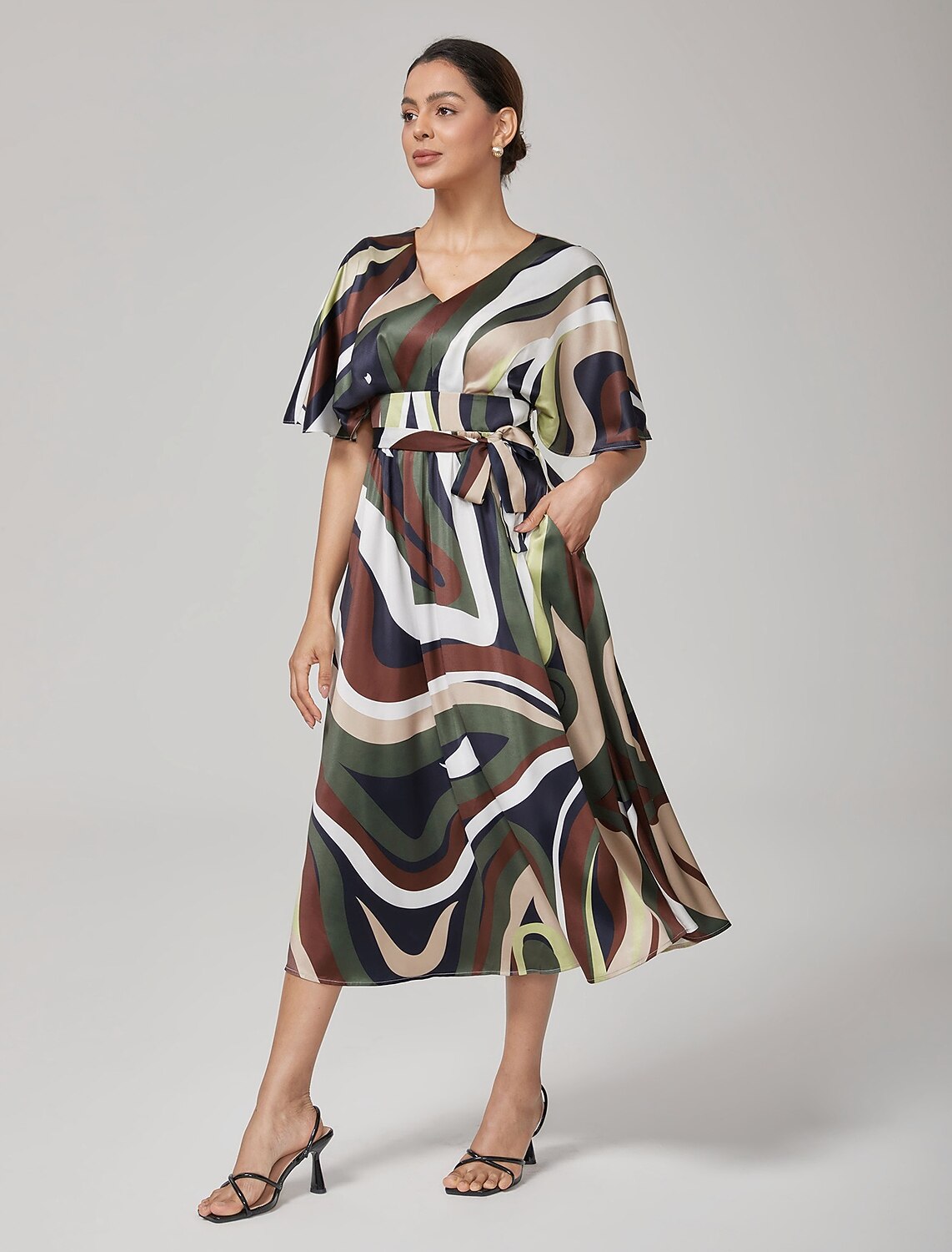 Camouflage Satin V-Neck Cinched Dress