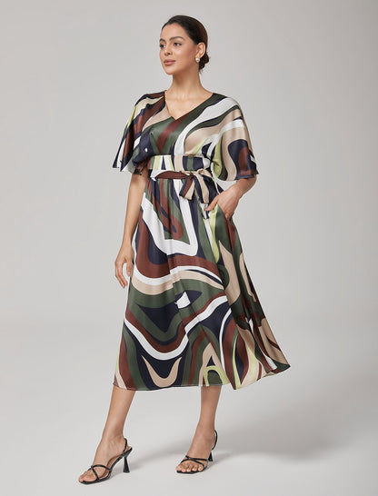Camouflage Satin V-Neck Cinched Dress