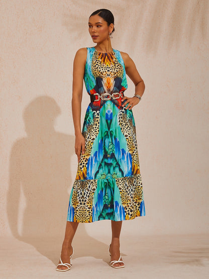 Vacation Jungle Print Satin Maxi Dress