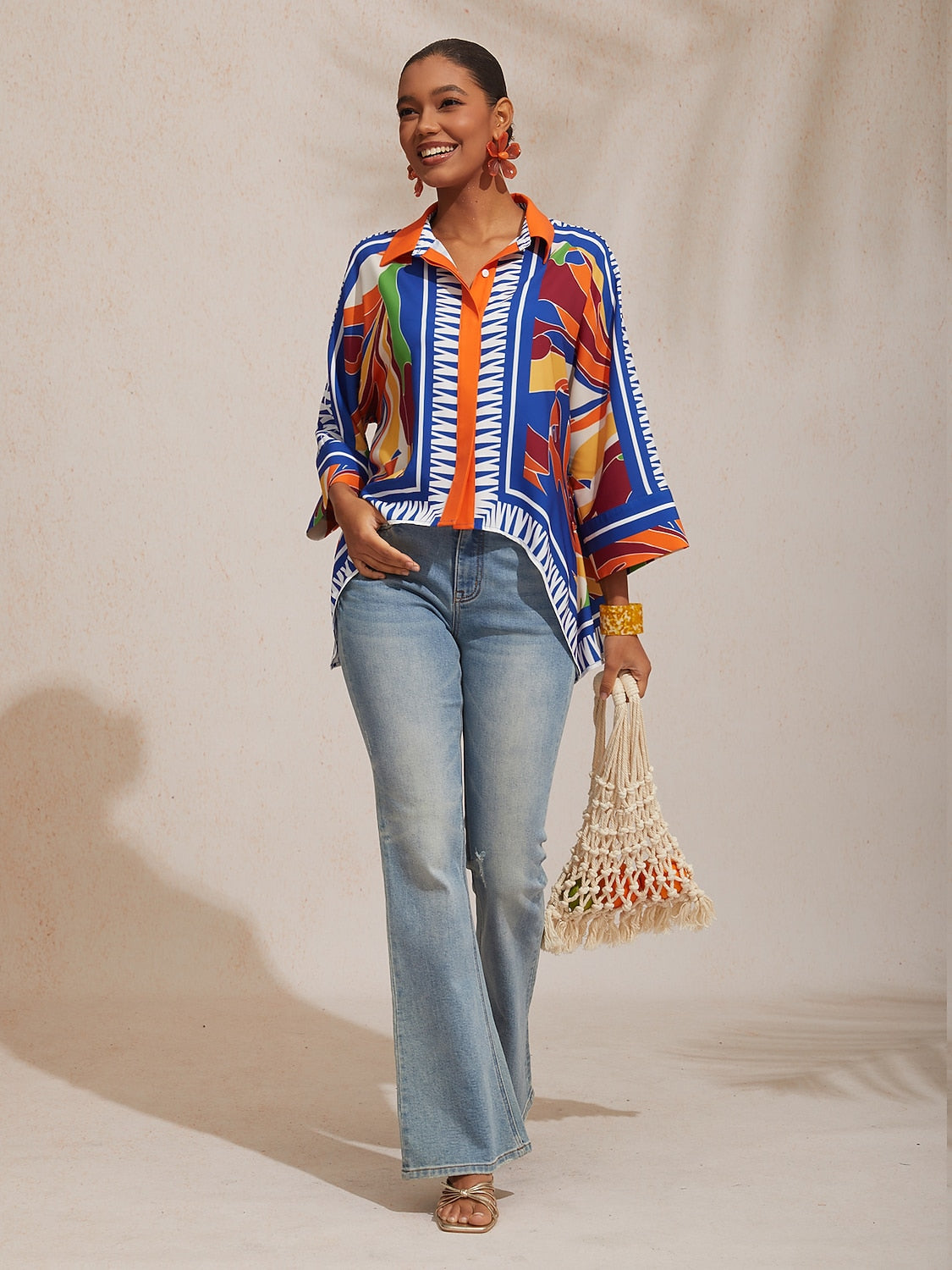 Vacation Geometric Color Block Print Batwing Sleeve Satin Short Shirt