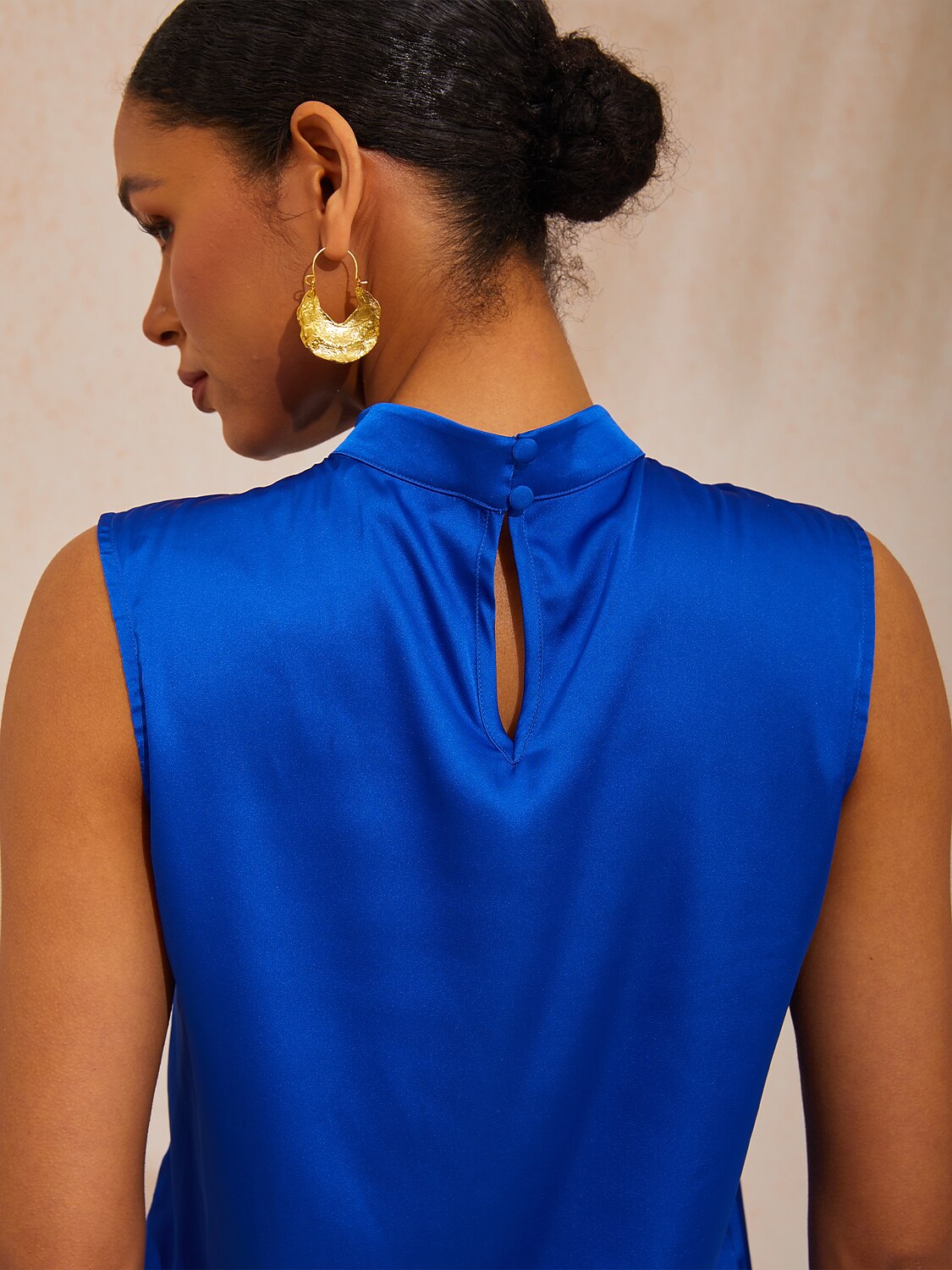 Vacation Stand Collar Ruched Satin Sleeveless Top