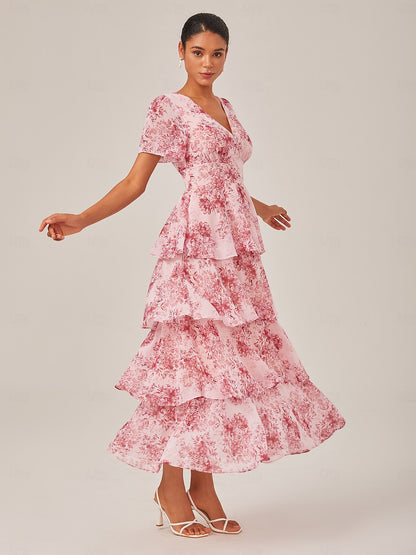 Floral Chiffon Maxi Dress A Line Tiered Ruffle Cake