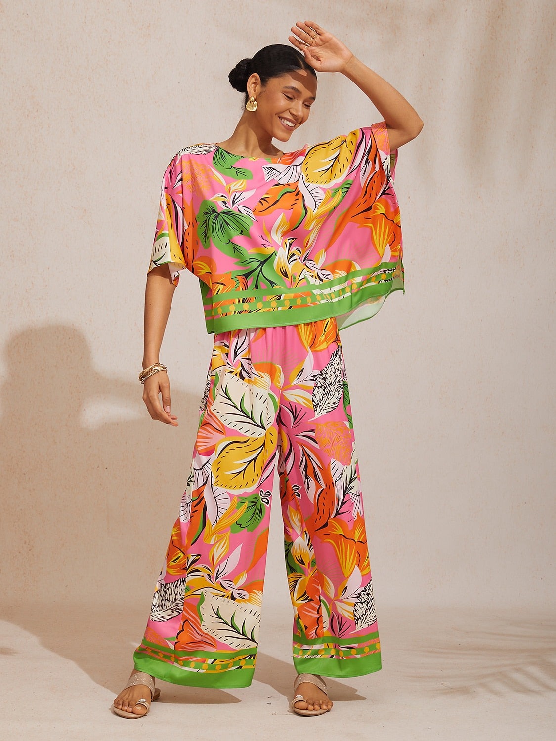 Summer Night Palm Silky Satin Dolman Sleeve Top