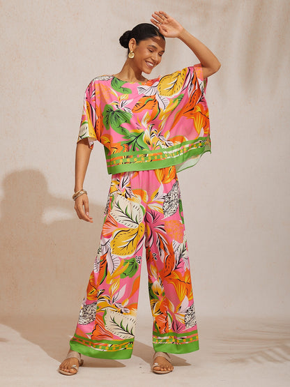 Summer Night Palm Silky Satin Dolman Sleeve Top