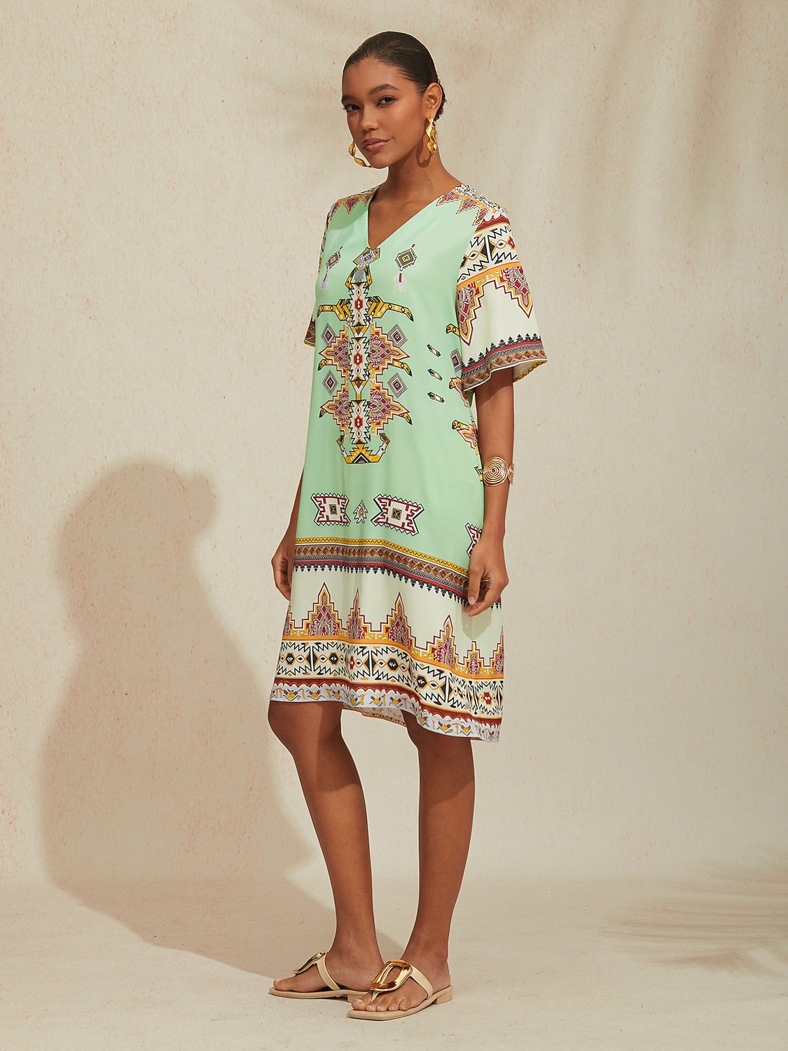 Vacation Vintage Ethnic Geometric Pattern Satin Midi Dress