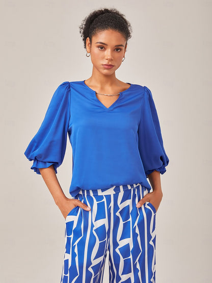 Satin Vacation-Style Solid Blue V-Neck Ruched Top