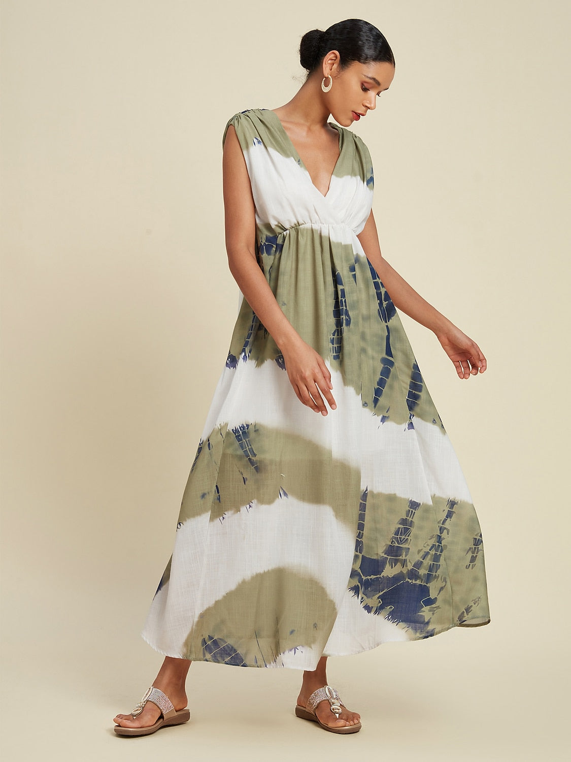 Linen-Like Tie-dye Print Vacation Style Sleeveless Maxi Dress