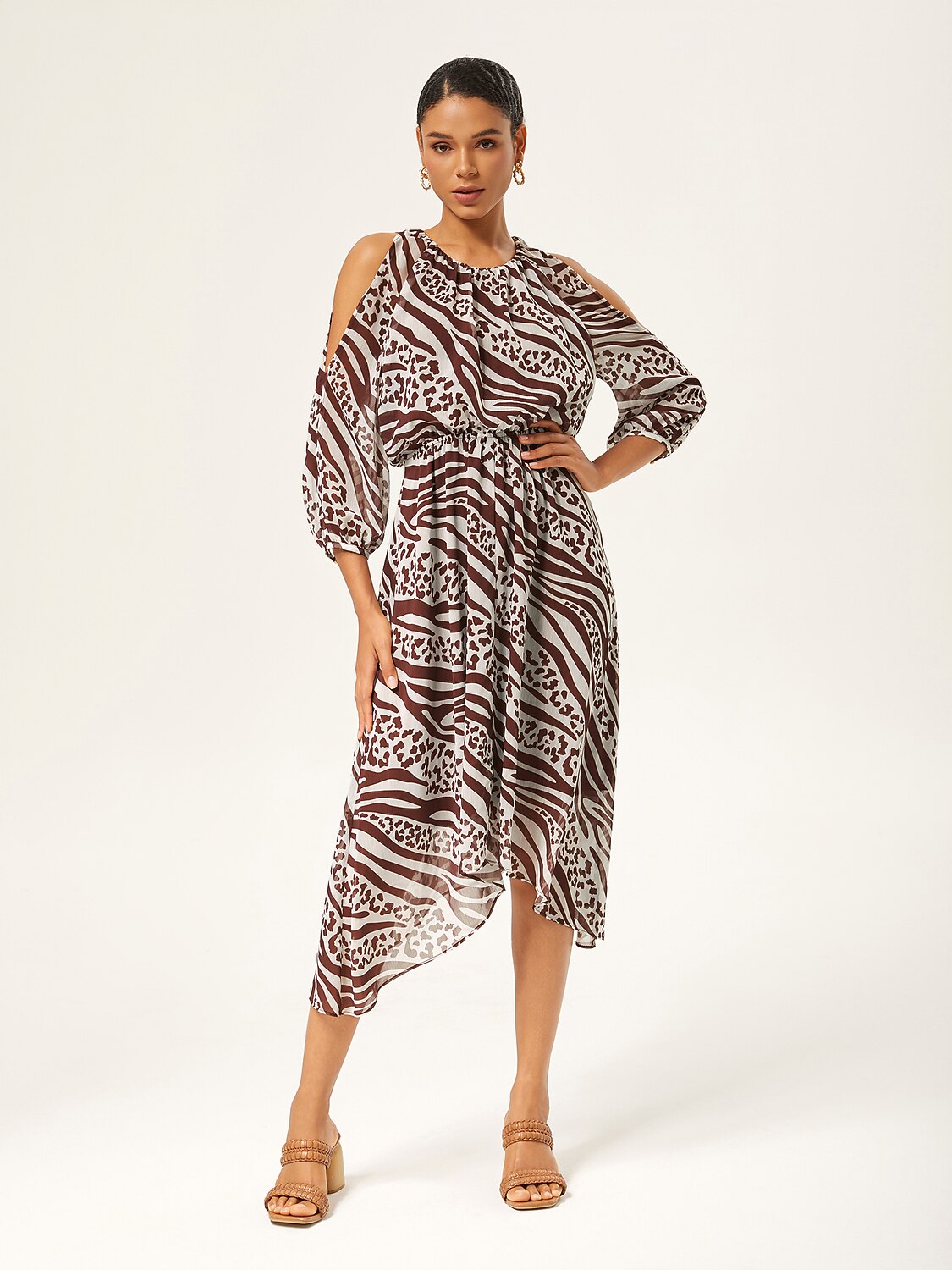 Animal Print Ruched Three Quarter Sleeve Dress