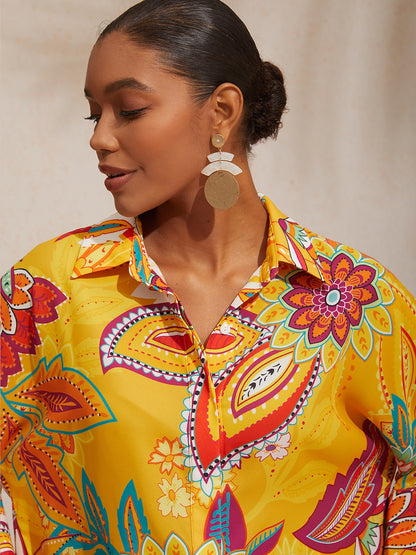 Vacation Paisley Floral Loose Dolman Sleeves Chiffon Short Shirt