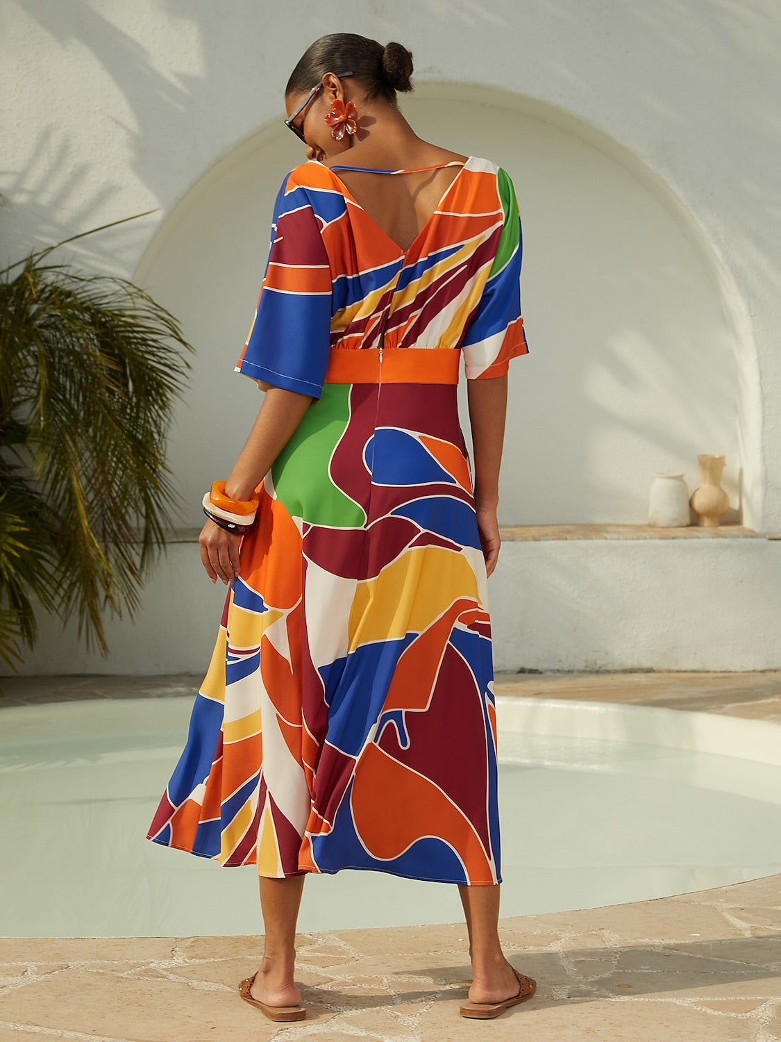 Vacation Geometric Color Block Print Satin Maxi Dress